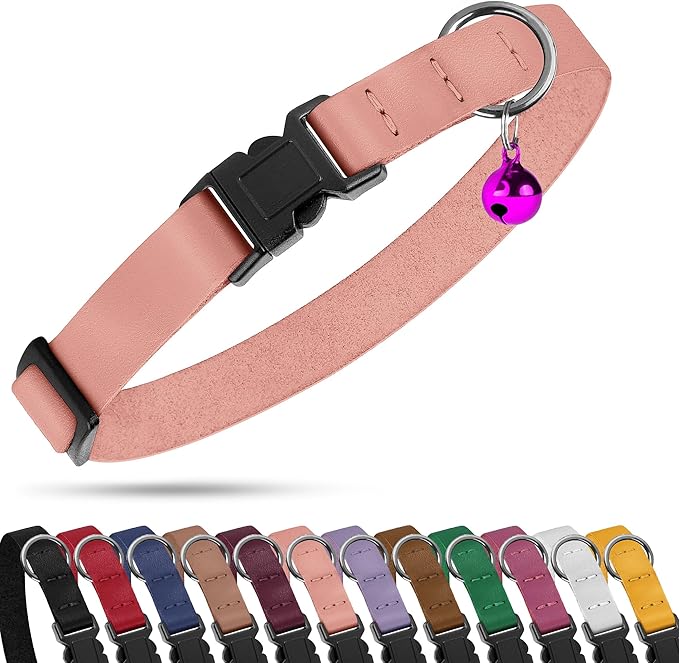 Breakaway Cat Collar with Bell - Leather Adjustable Kitten Collars with Safety Quick Release Buckle - Soft Small Pet Collars for Girl & Boy Cats (Green)