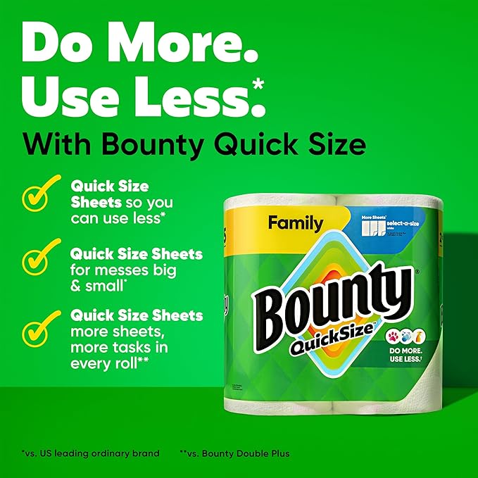 Bounty Quick Size Paper Towels, White, 8 Family Rolls = 20 Regular Rolls (Packaging May Vary)