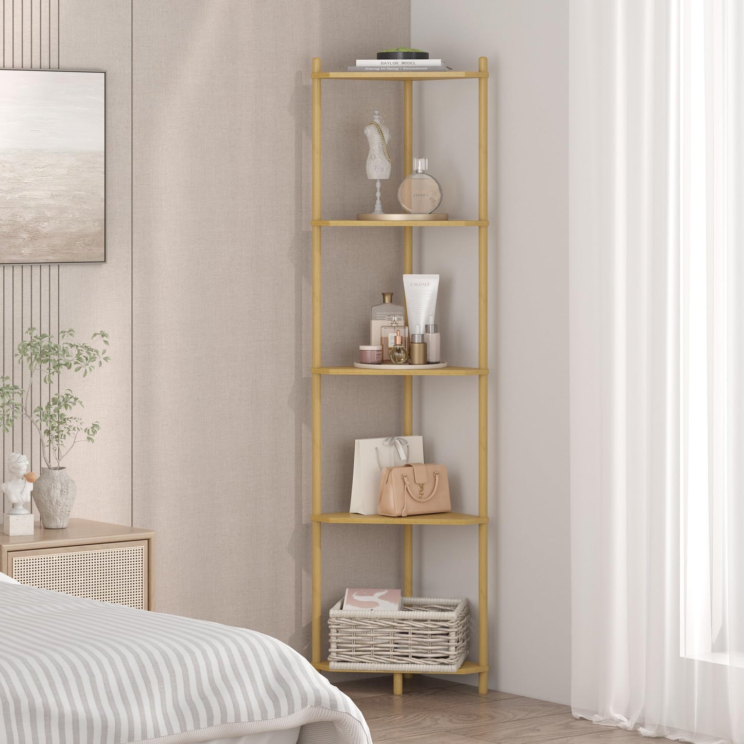 Wisuce Corner Shelf Stand - 5 Tier Natural Bamboo Small Corner Bookshelf for Office Kitchen Bedroom Plant Stand Living Room Decor Small Space
