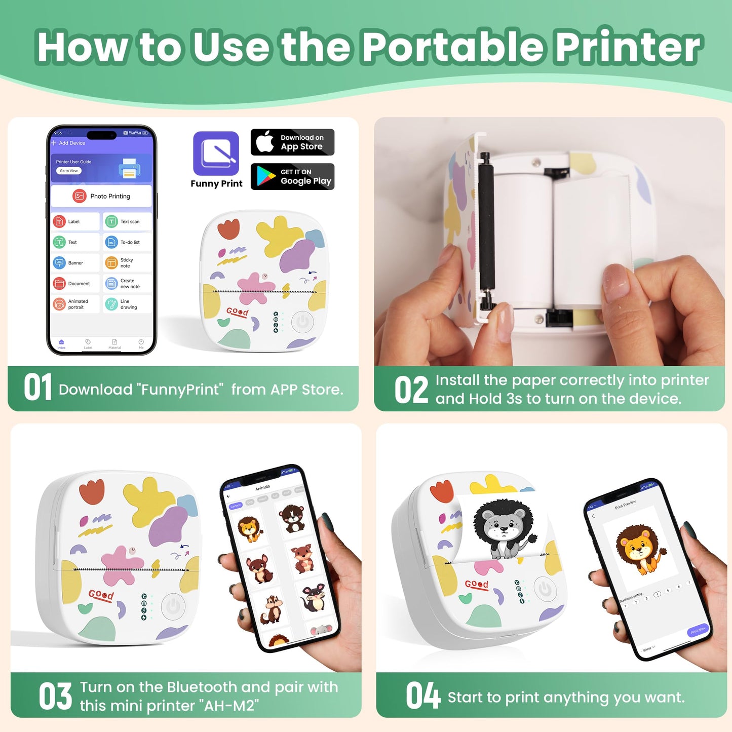 XenGro Mini Sticker Printer AHM2, Mini Thermal Printer with 3 Rolls Paper, Portable Bluetooth Inkless Printpods, Pocket Label Maker Suitable for Creative Kids DIY, Diaries, Photos, Study Notes -White
