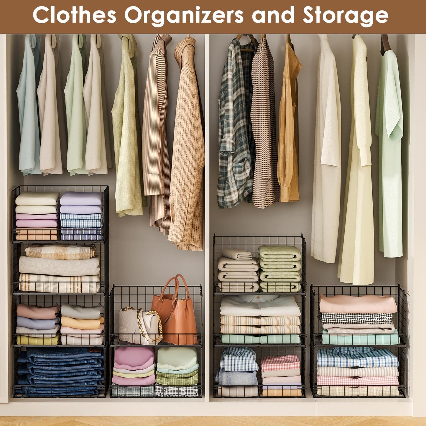 Yociyoga 4-Tier Stackable Closet Organizers and Storage Shelves, Foldable Closet Shelf Organizer, Black(Patent Protection)(Patent No. 30022416)