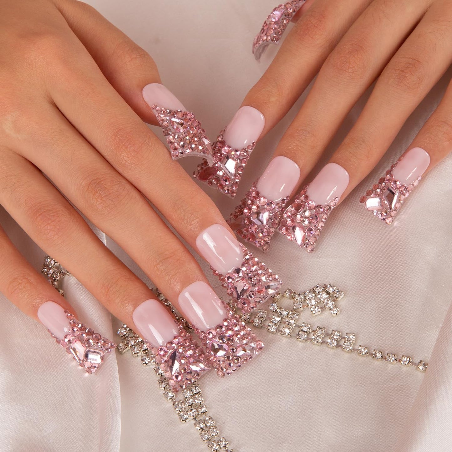 LOVFUL Press on Nails Pink French Tip Rhinestone | Handmade with Full Covered Crystals | Reusable Fake Nails | Duck Classic Regular 1.3 in | H27-M