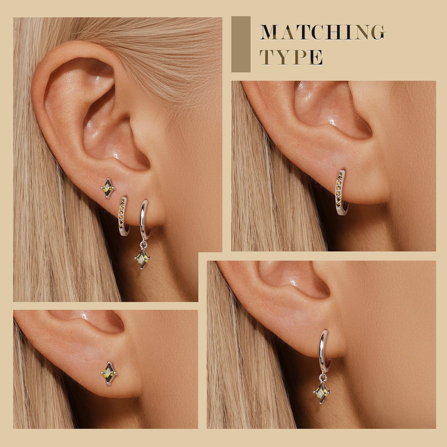 Sterling Silver Hoop Earrings Set for Women, Dainty Emerald Green Earrings Dangle, Small Hypoallergenic Huggie Silver Earring Stacks for Multiple Piercing, Olive Green Earring for Women Trendy