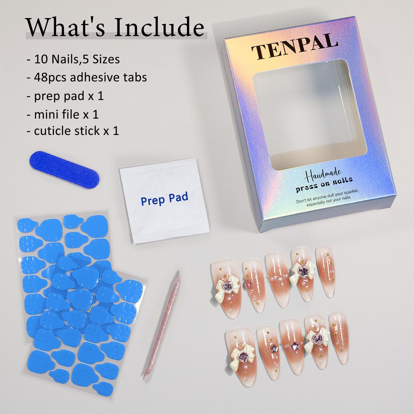 TENPAL Long Almond Press on Nails Handmade Nude Nails Press ons Acrylic False Nails With Bow Beads Decorations 10pcs/Box Sweet Cute Stiletto Artificial Fake Nails With Tools Ballet Pink Nails(XS)