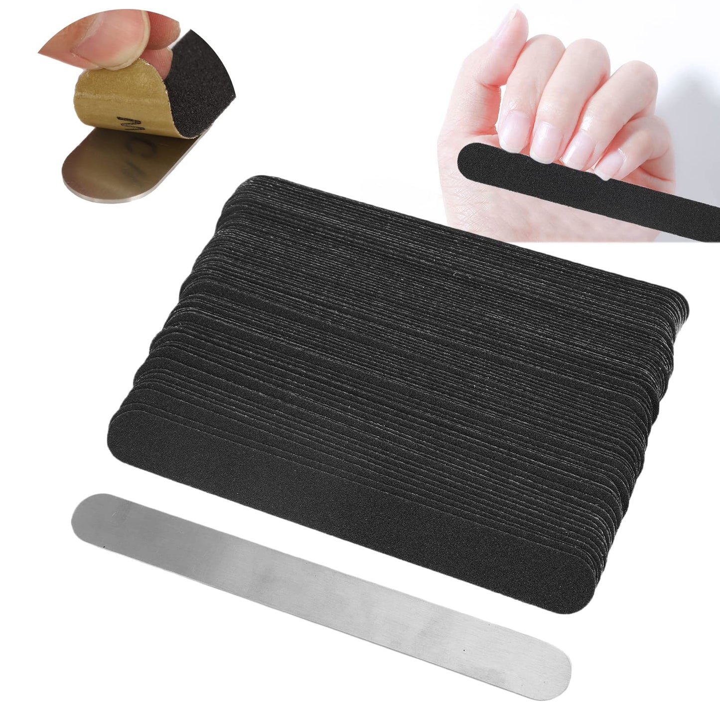 QANYEGN 100Pcs Replacement Nail File Strip Kit, Nail File with Reusable Stainless Steel Base Plate, Abrasive Layer Nail Art Files for Home Salon