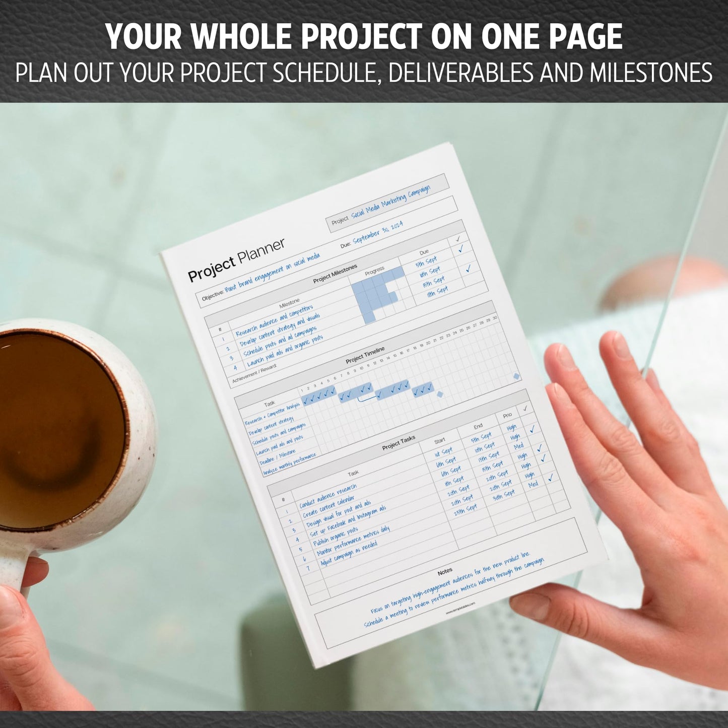 Project Planner Notepad - Project Management Organizer Desk Pad - Manage Project Tasks and Meeting Deadlines Effectively - 50 Sheets of Premium 120gsm Paper | Management | A4 Mono