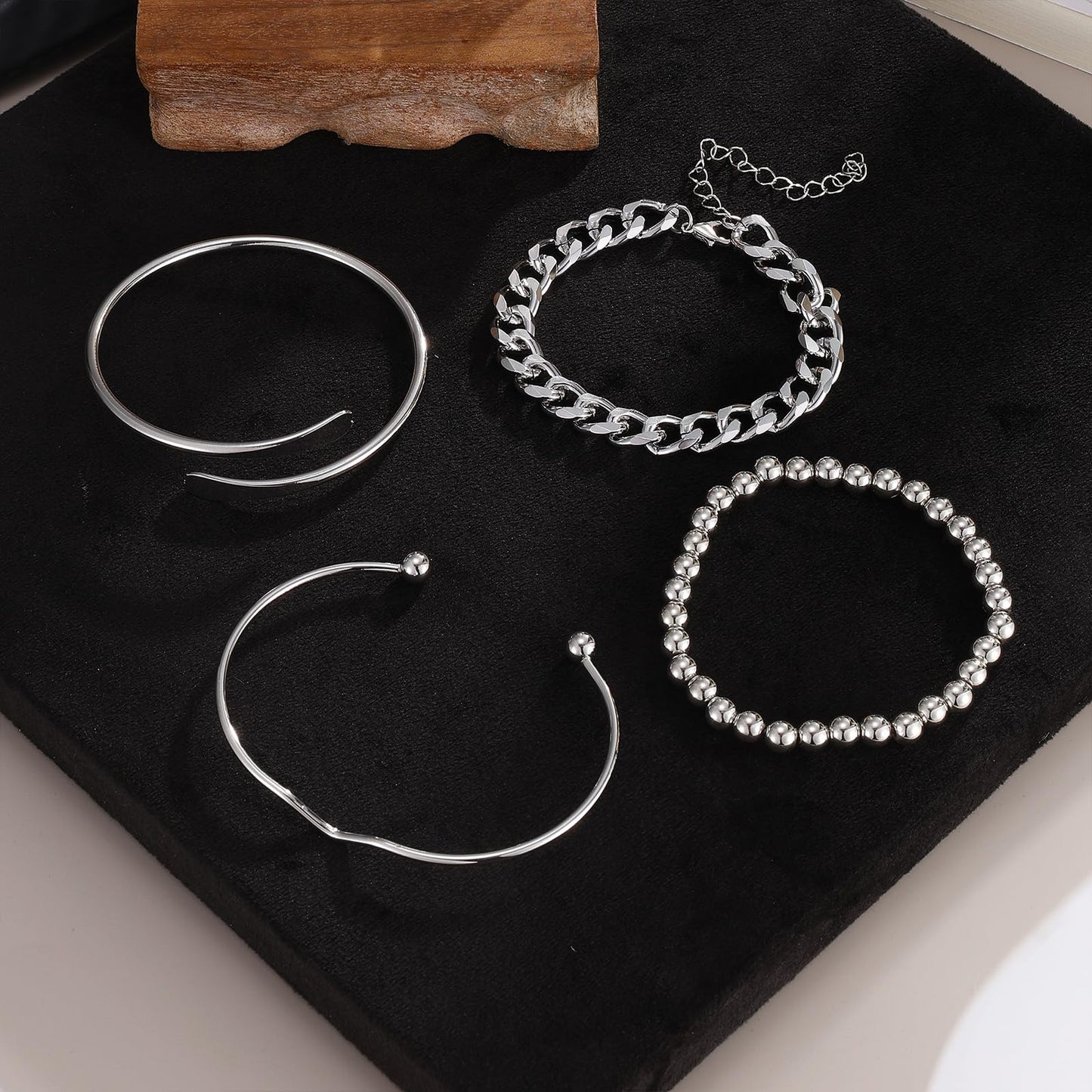 IFKM 6 PACK (27 PCS) Silver Chain Bracelets Set for Women, Silver Plated Multiple Layered Stackable Open Cuff Bangle Bracelet Anklet Adjustable Link Tennis Beads Italian Cuban Jewelry