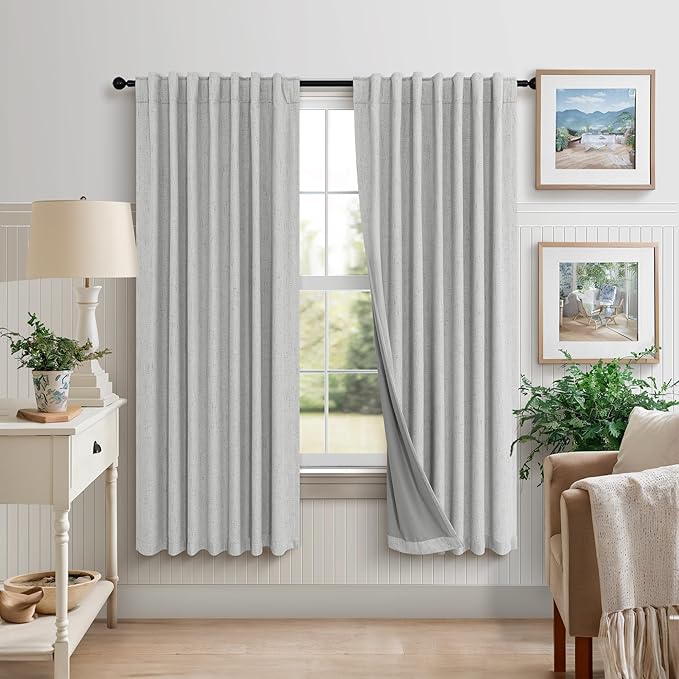 Light Grey Black Out Curtains 72 Inch Long for Dining Room 2 Panels Linen Textured Boho Blackout Drapes Double Sided Blocking Gray Room Darkening for Bedroom Garage Window Coverings 72 Length 6FT 6 FT