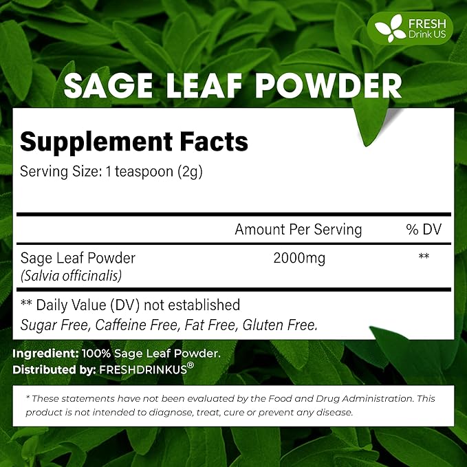 FreshDrinkUS, Sage Leaf Powder 16oz – Premium Culinary Herb, Pure Ground Sage Leaves for Cooking, Baking & Herbal Infusions – Resealable Pouch
