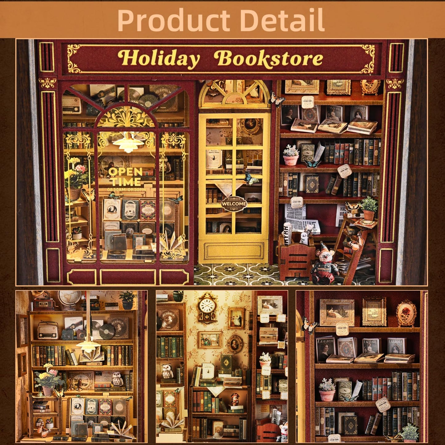 Book Nook Kit-3D Wooden Puzzle with LED Switch Control & Wall-Mountable Frame,DIY Miniature House for Beginners,Bookshelf/Tabletop/Wall Decor for Craft Lovers,Dollhouse Gift,Holiday Bookstore