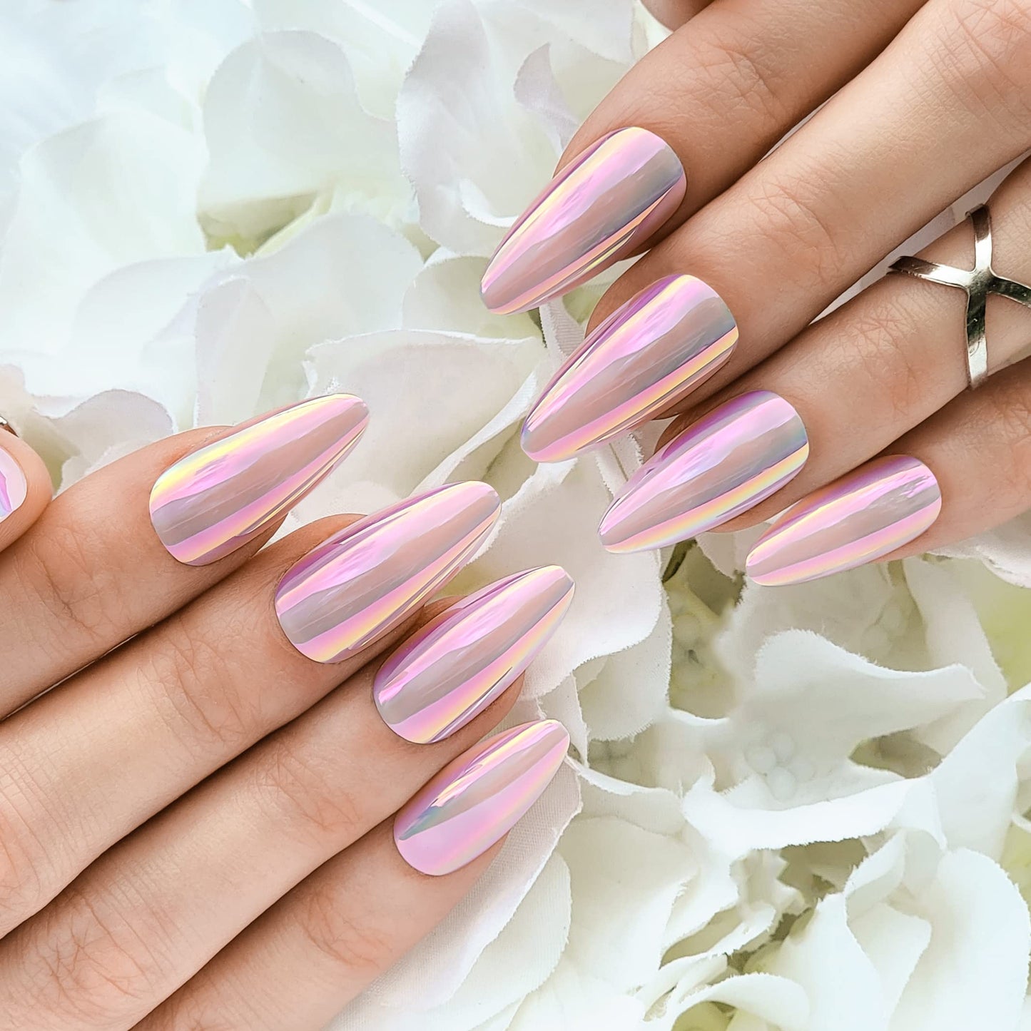 Hypnaughty Press On Nails - Party Star Coffin & Light Pink Almond Chrome, Trendy & Salon Quality Reusable Nails With Kit