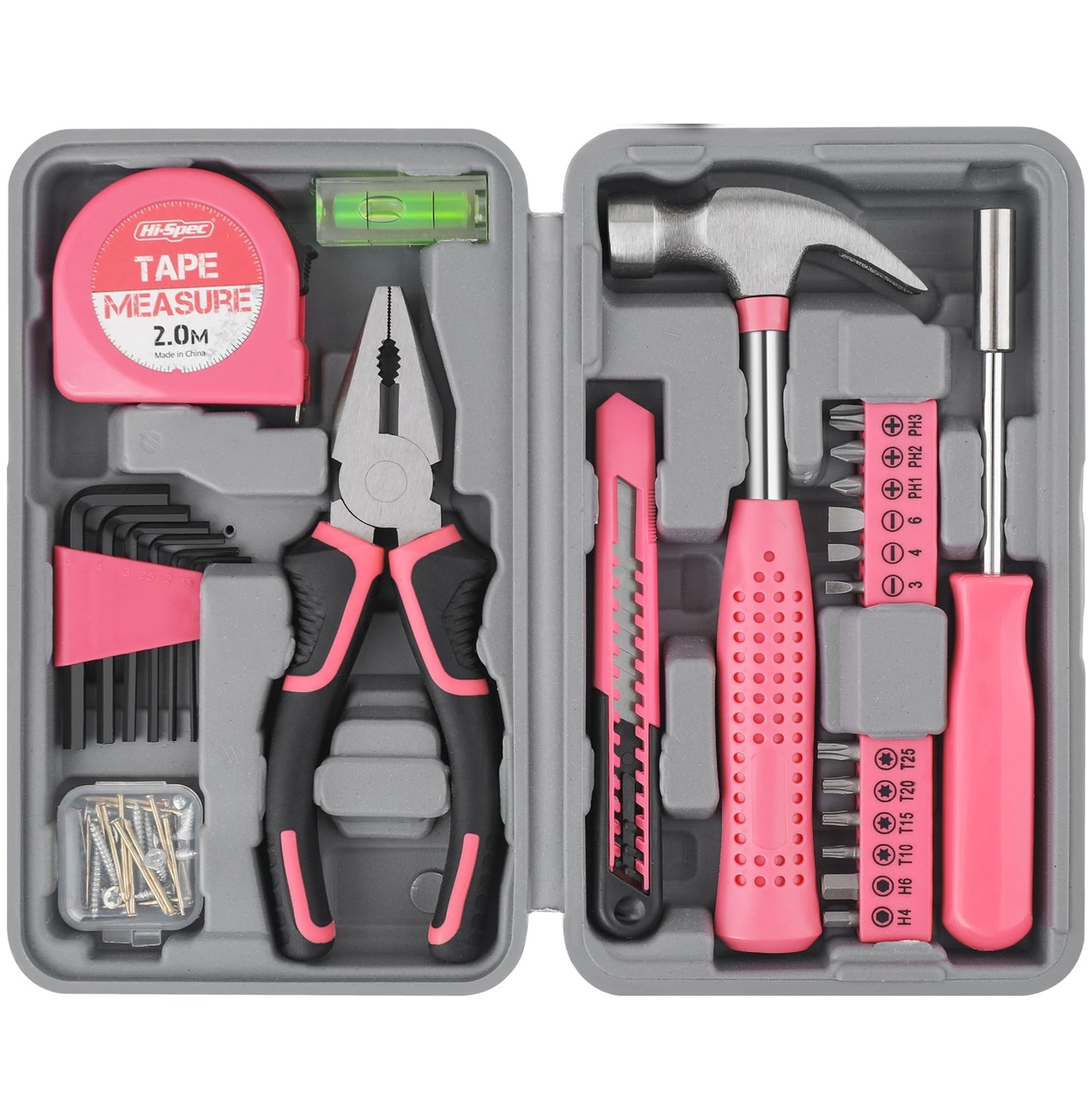 Hi-Spec Tool Set 25pc Pink Household DIY Tool Kit for Women. Small Mini Tool Box Set of Starter Basic Ladies Tools