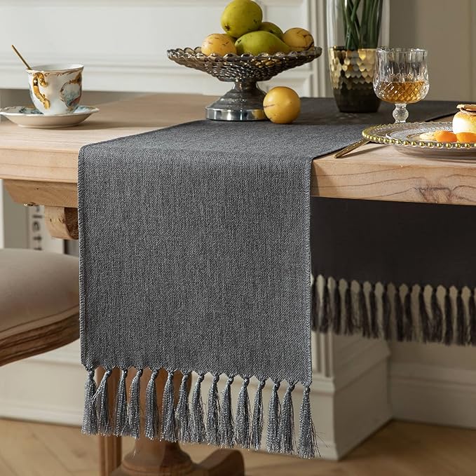 ZeeMart Graphite Grey Table Runners 72 Inches Long, Burlap Linen Style Rustic Farmhouse Table Runner, Boho Woven Dining Table Runner, 13x72 Inches, Graphite Grey