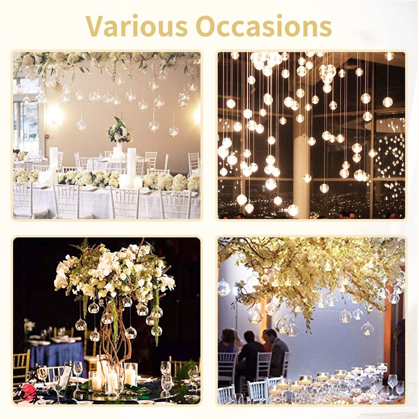 NUPTIO Hanging Glass Globe with Candles: Set of 12 Tealight Candle Holders with LED Tea Lights - 2.36 inch Bulk Clear Votive Candleholders for Party Wedding Birthday Shower Celebration Tree Decoration