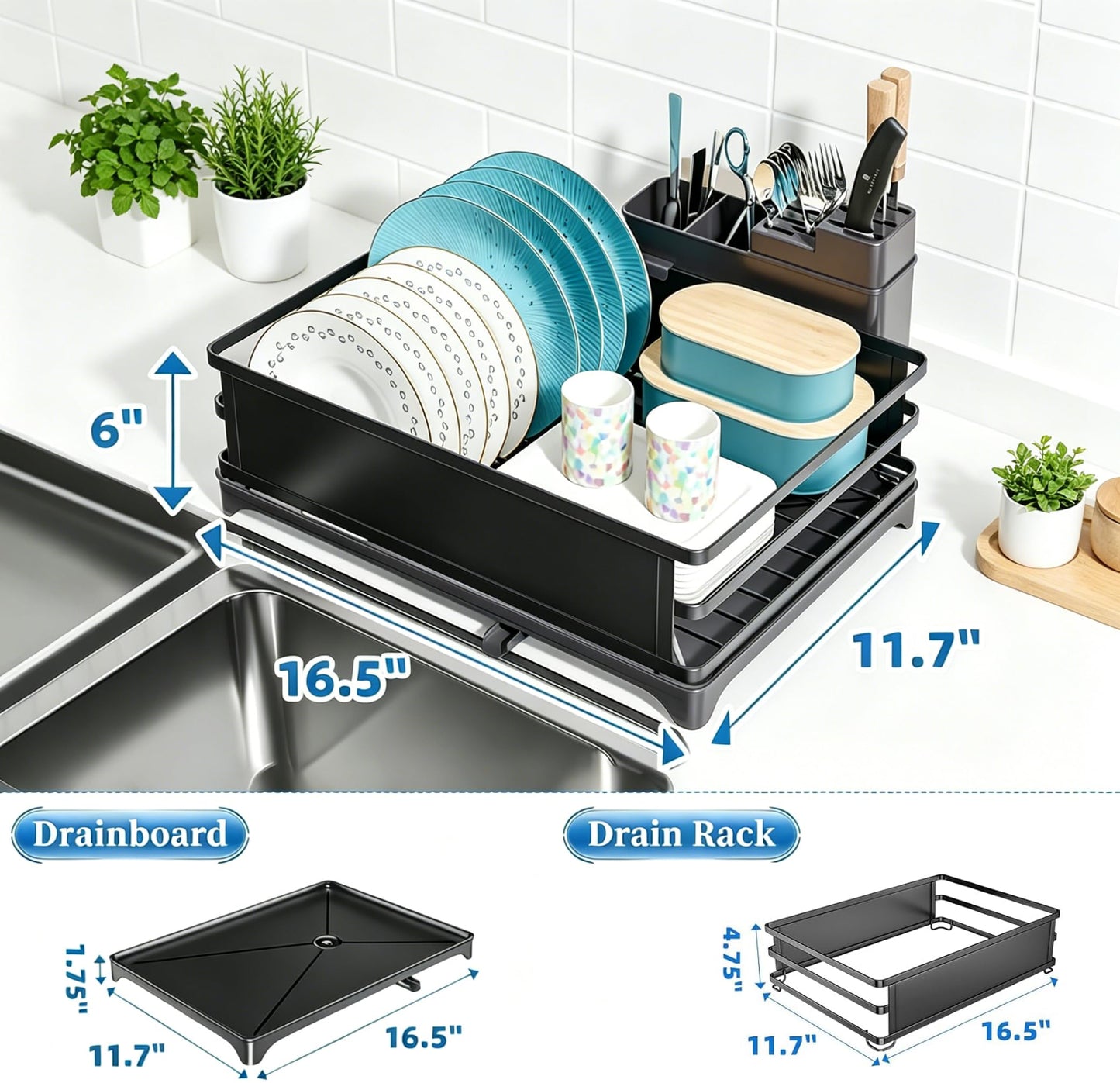 Simple Trending Dish Drying Rack, Dish Drainer for Kitchen Counter, Dish Rack with Tray for Large Capacity, Black