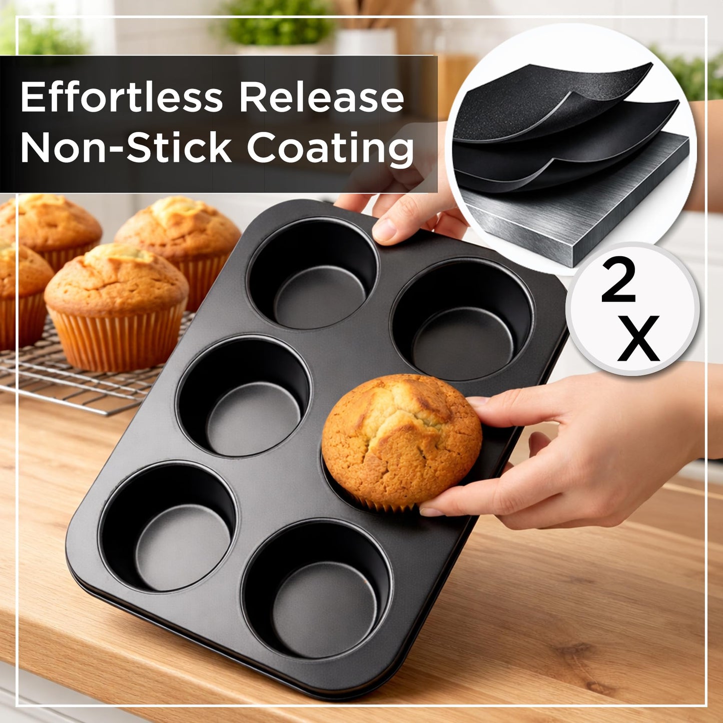Wrenbury Jumbo Muffin Pan 6 Cup - Nonstick XL Deep Muffin Pan for Baking 4" Cup - Oversized Extra Large Cupcake Mold - Dishwasher Safe - PTFE Free - 446°F Oven Safe