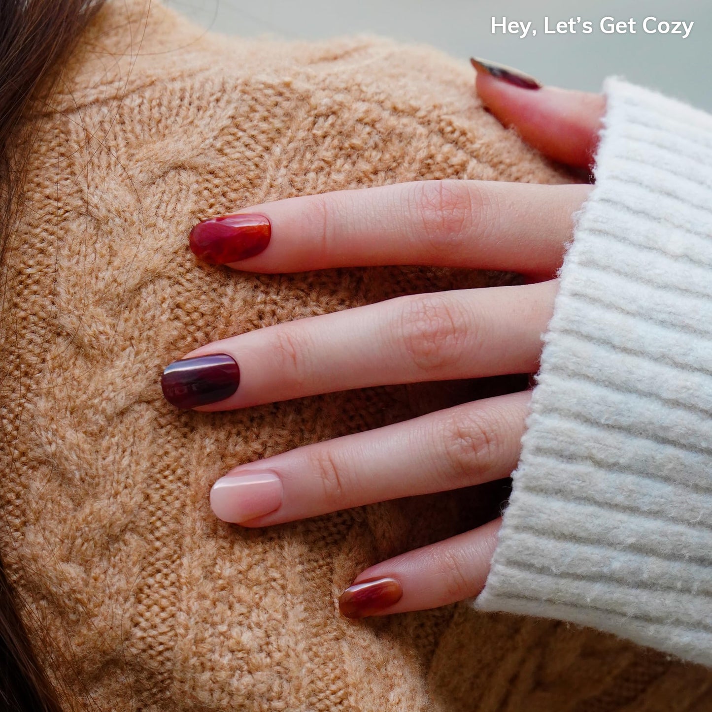 Heyhae Semi Cured Gel Nail Strips | No LED Lamp Needed | Fall, Marble, Brown | Easy Apply & Remove, Salon Quality | Includes 28 Strips, 1 Prep Pads, Nail File & Wooden stick - Hey, Let’s Get Cozy