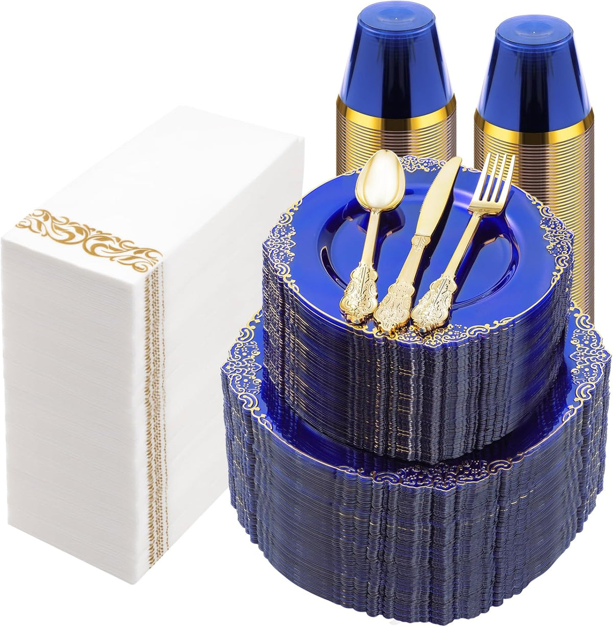 700PCS Clear Blue Plastic Plates for 100 Guests, Disposable Plates with Gold Trim include 100 Dinner plates, 100 Dessert Plates, 100 Gold Silverware, Cups and Napkins for Party, Graduation