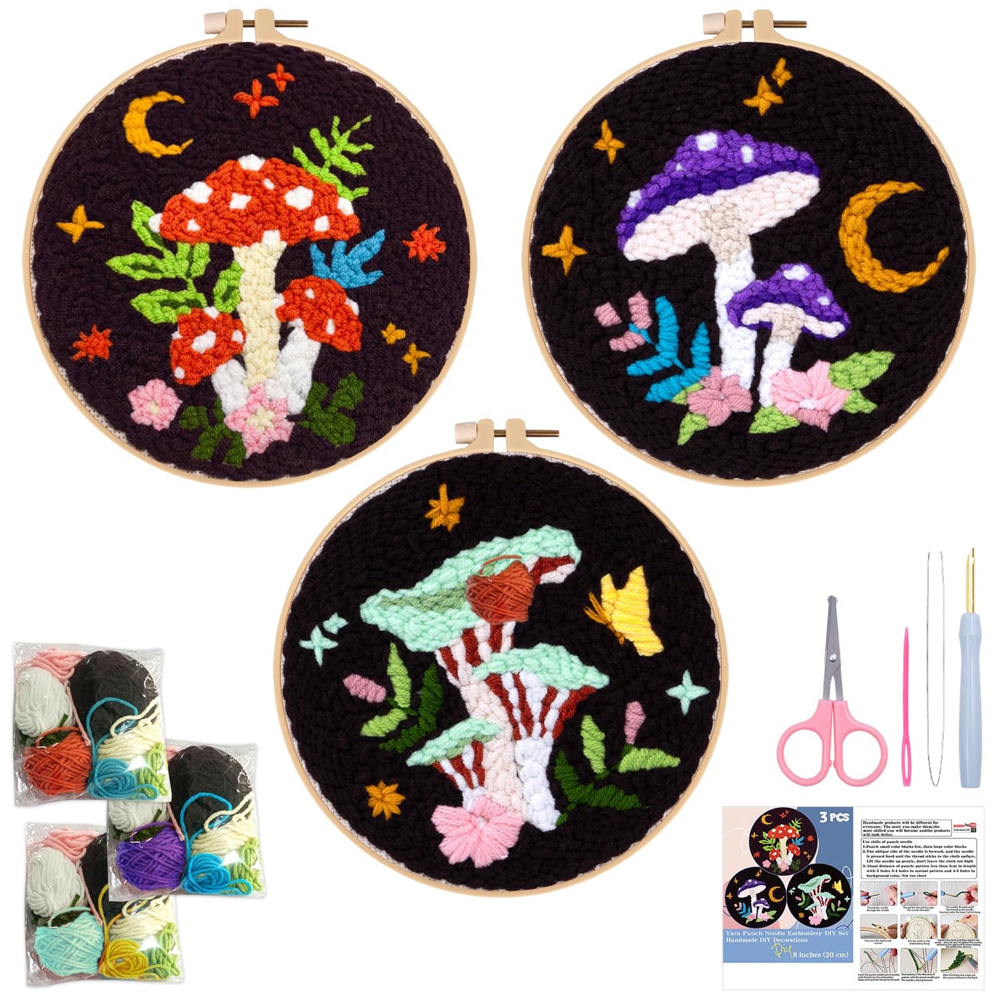 Nuberlic 3 Pack Punch Needle Kits for Beginners Mushroom Embroidery Pattern with Hoop Embroidery Punch Needle Starter Craft Set, Perfect Handmade Gift for Adults & Teens (Beginner-Friendly Crafts)