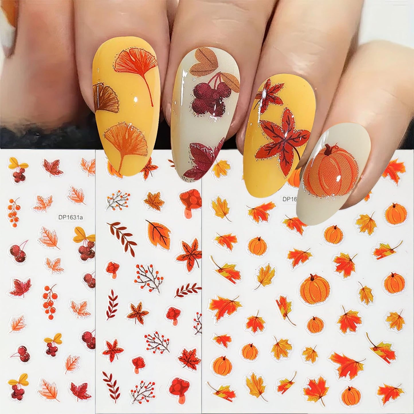 Fall Nail Stickers - 4PCS Gold Foil Maple Leaf Nail Decals for Autumn & Thanksgiving | Embossed Self-Adhesive Nail Art Supplies for Women, Halloween Nail Decor (Waterproof, Salon Quality)