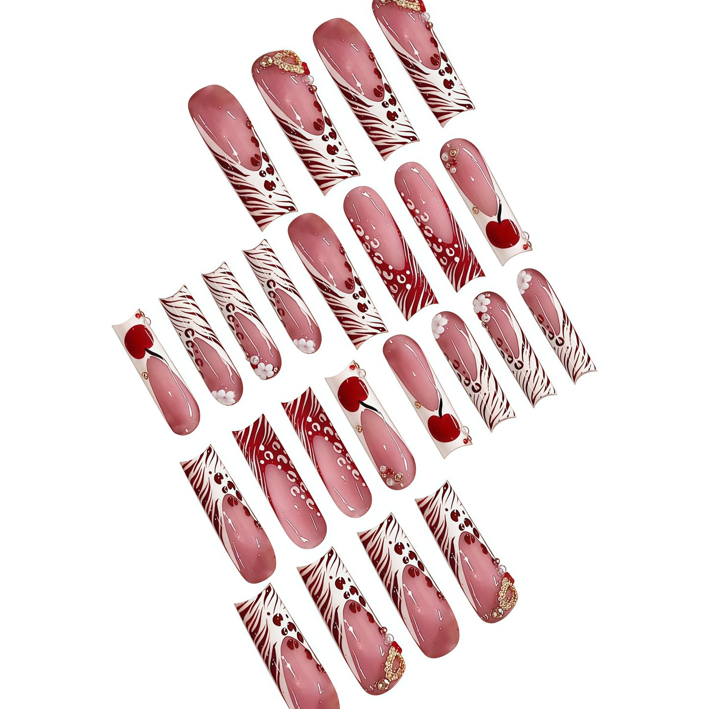 Long Press on Nails Square Fake Nails Red Acrylic Nail Press Ons Seeneey Cherry and Gold Charm Designs Leopard Stick on Nail for Women 24pcs