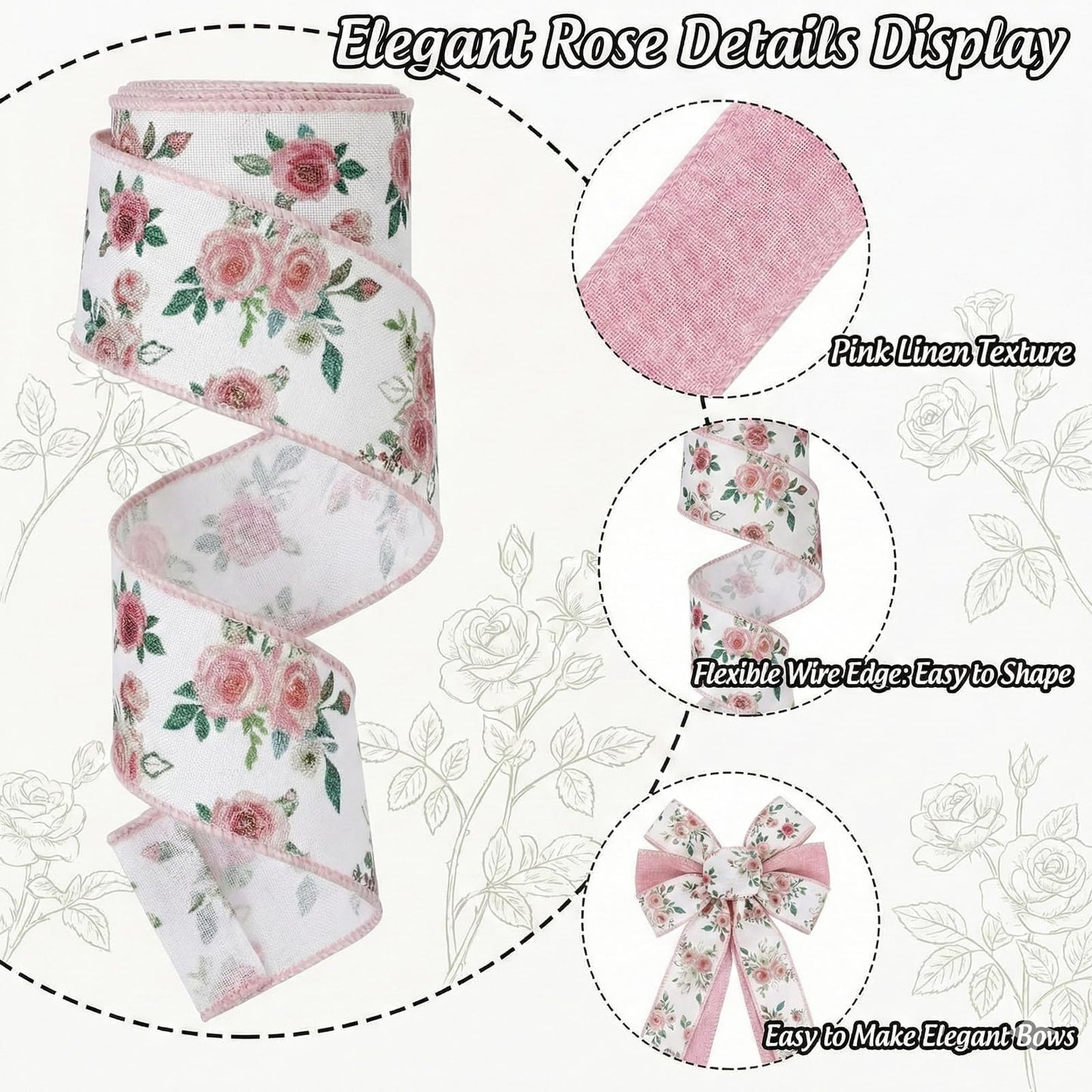 Spring Wired Ribbon 4 Rolls Green Red Floral Fabric Ribbons 1.5 Inch x 24 Yards Set Summer Flower Pattern for Wreaths Bows Making Gift Wrapping DIY Crafts Party Decor