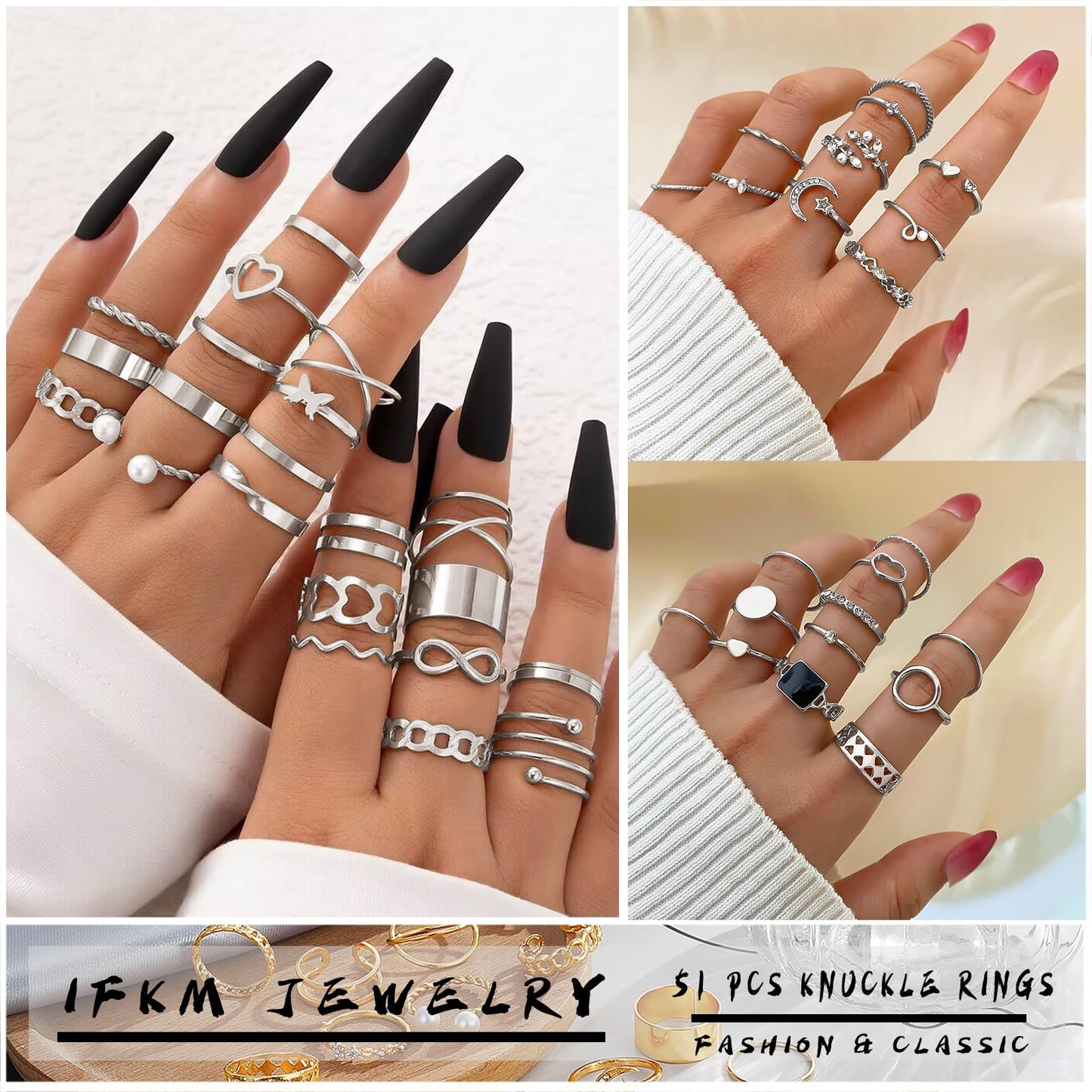 IFKM Gold Knuckle Rings Set For Women Vintage Stackable Joint Finger Midi Rings Dainty Cubic Zirconia Crystal Simple Twist Hollow Cute Rings Pack Jewelry Gift (Moonlight Express, Silver)