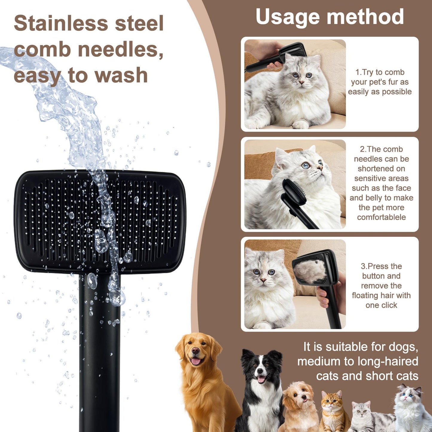 Self Cleaning Deshedding Cat Brush for Dogs & Cats,Adjustable Cat Brushes for Indoor Cats, Easy to Clean Grooming Tool for Long & Short Haired Pets