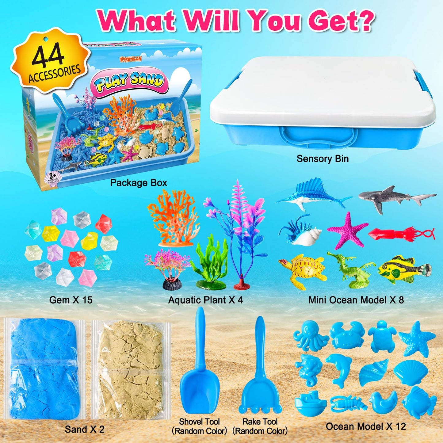 Sensory Bin, Ocean Kit with Sensory Sand, Play Sand Pretend Play Beach Toy, Sandbox for Girls and Boys