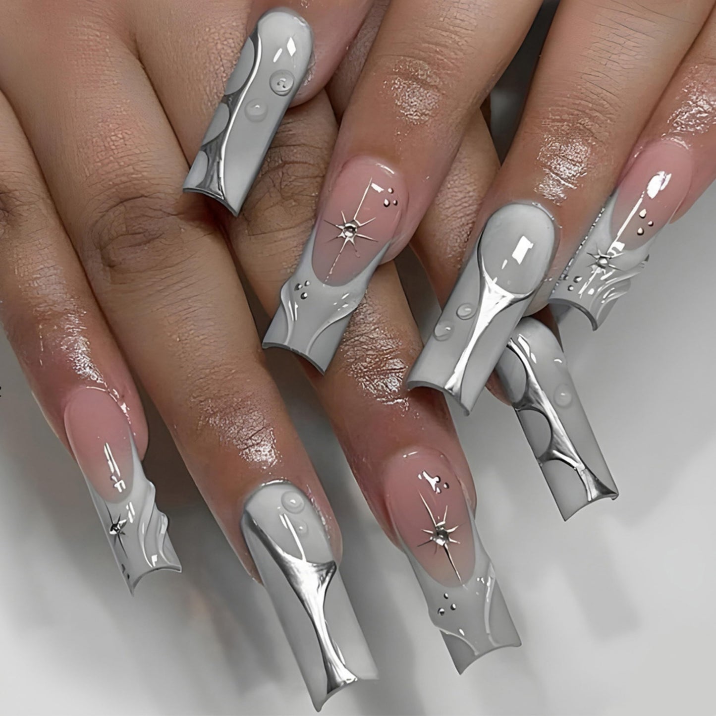 Long Press on Nails Square Fake Nails Silver Acrylic Nail Press ons Seeneey Rhinestones Sparkly Stick on Nail for Women 24pcs