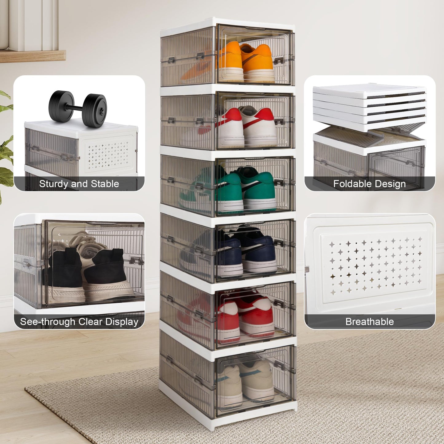 LQCHETOU Shoe Storage Box, No-Assembly 3 Tiers Foldable Shoe Organizer with Clear Door, Space-saving Shoe Rack，Sturdy Clear Plastic Stackable Sneaker Containe, Foldable shoe rack (grey, 3-Tier)