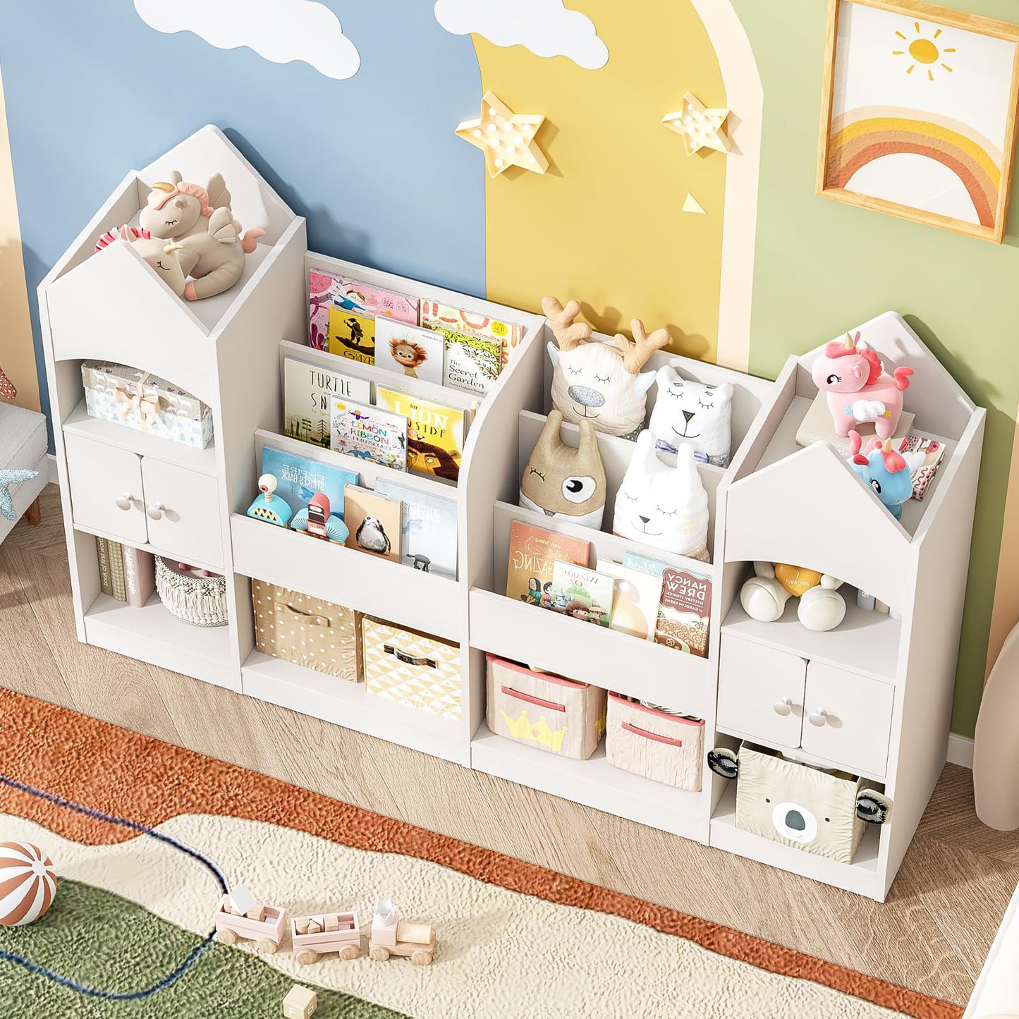 Halitaa Castle Shape Children's Bookshelf, Kids Bookcase Display Case Kids Toy Storage Organizer Multifunctional Storage Cabinet Bookshelf Suitable for Playroom, Children's Room, Living Room, White