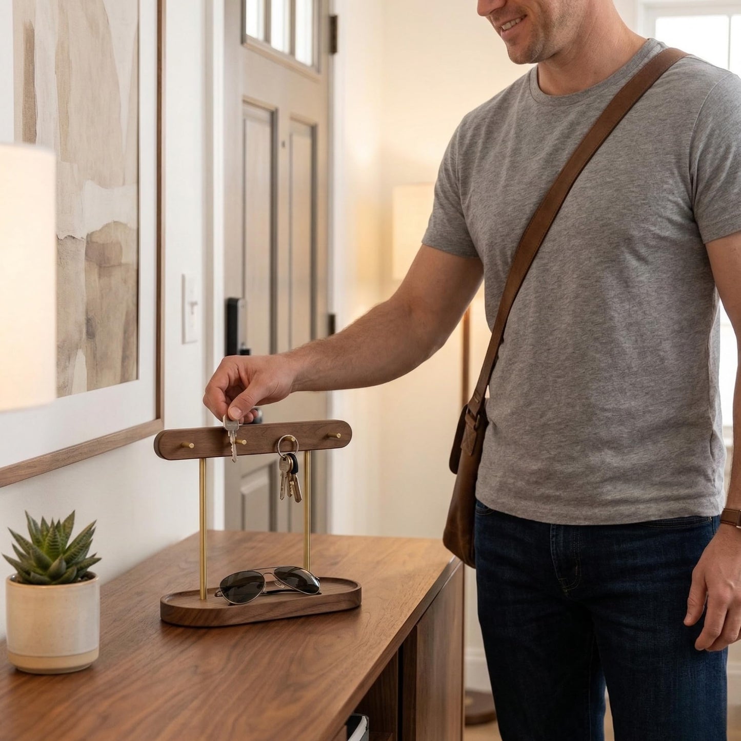 muso wood Walnut Key Stand for Entryway Table, Wooden Key Holder with 4 Hooks, Perfect for Key Trays, Valuables Trays, Jewelry Trays