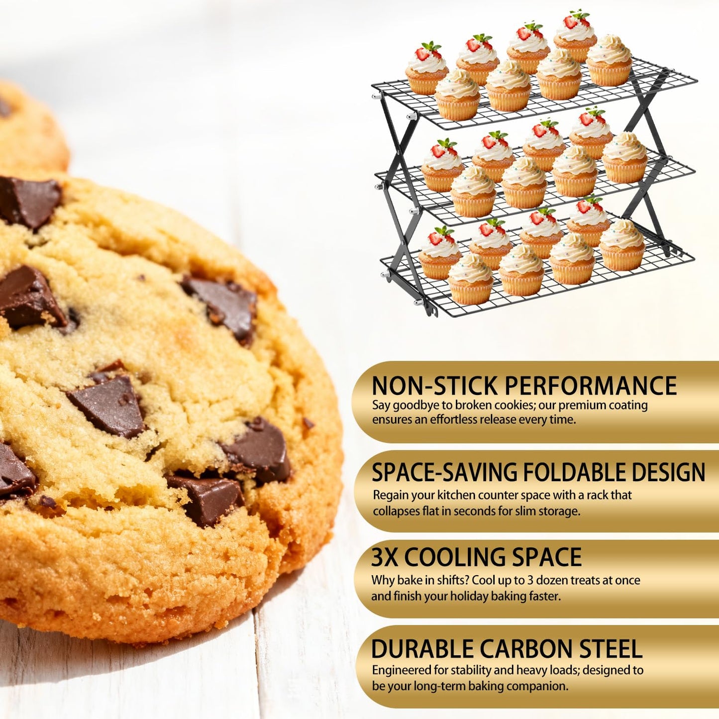 3-Tier Stackable Cooling Rack for Baking, Collapsible Wire Cookie Rack with Adjustable Heights, Non-Stick Roasting & Drying Rack for Cupcakes, Pies and Pastries, Space-Saving Kitchen Essential