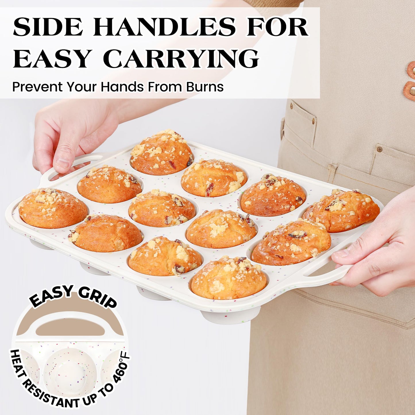 AOTASO Regular 12 Cup and Mini 24 Cup Nonstick Cupcake Pan Set Silicone Muffin Pan for Baking Silicone Cupcake Mold with Metal Reinforced Frame BPA Free (2 Pcs, Cream)