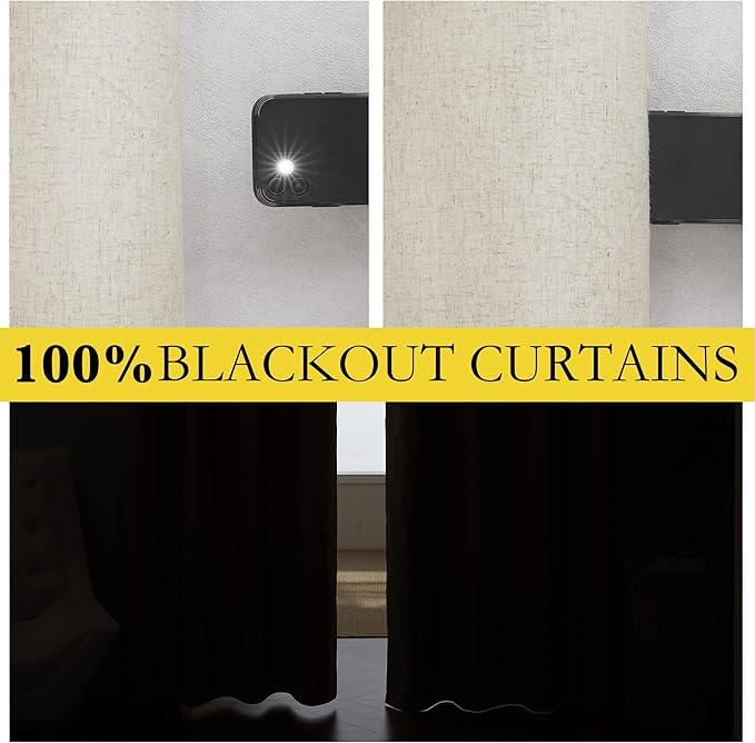 NICETOWN Natural Full Blackout Boho-Chic Linen Curtains 90 inch Long 2 Panels Set for Cafe Window, 34 inch Wide, Thick Linen Blend Drapes, Insulated Window Covers Draperies with White Backing