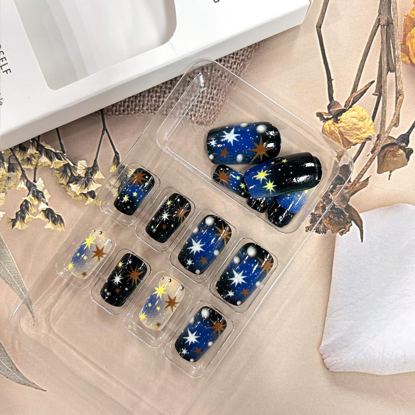 Press on Nails Medium Square Blue Starry Sky Smudge False Nails Gold Stars Pattern Design Artificial Nails Press Nails with Charm Full Cover Stick on Nails Acrylic Glossy Glue on Nails for Women