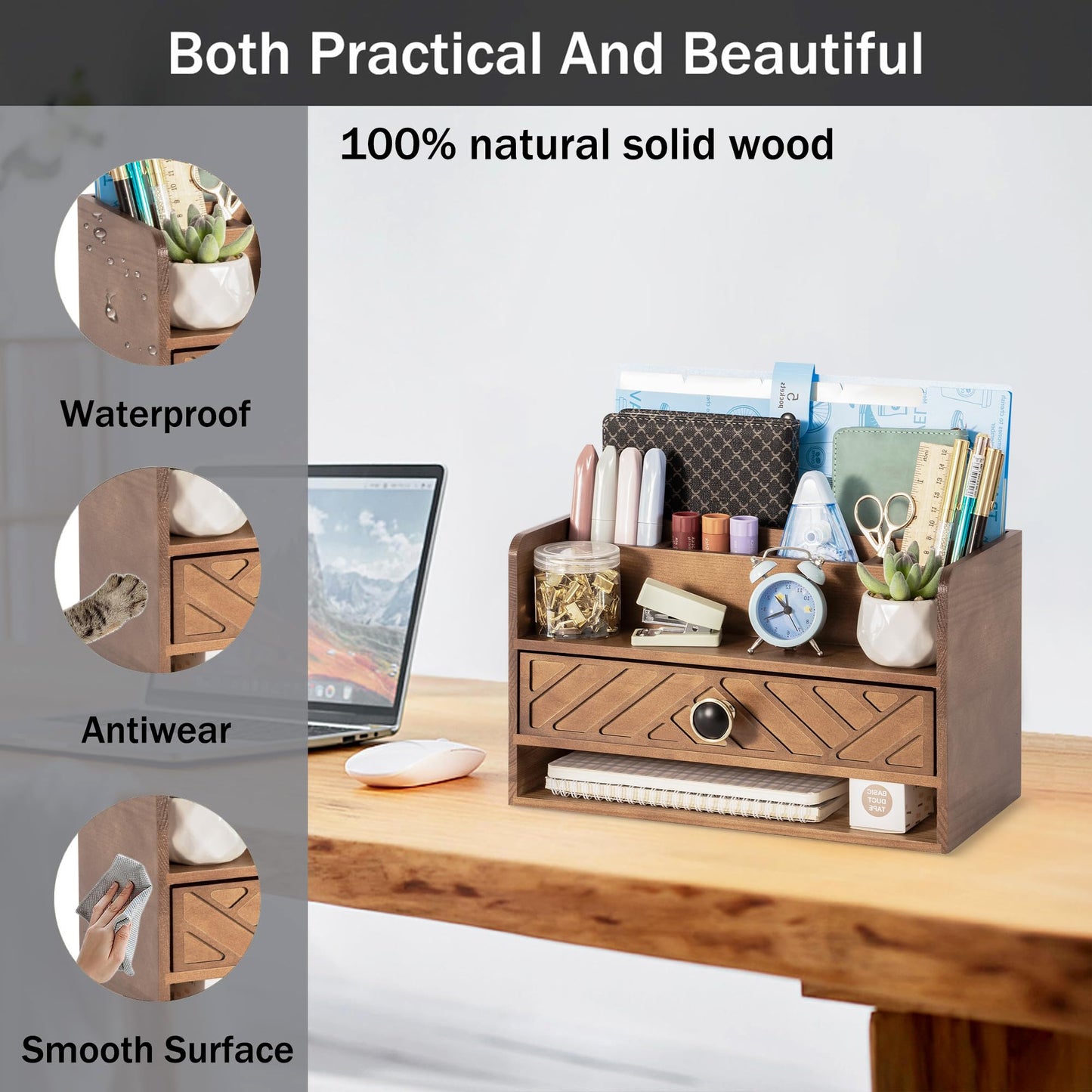 dreampossible Brown Wood Desk Organizer and Accessories with Drawer, Bill Mail Organizer and File Mail Holder for Office Supplies, Desk Accessories & Workspace Organizers