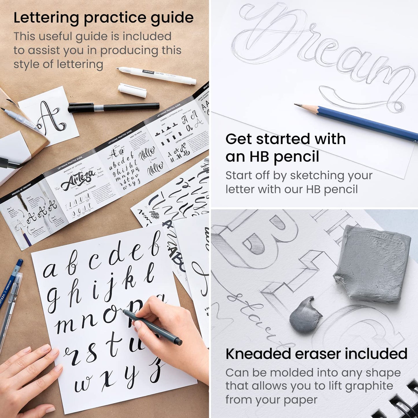 ARTEZA Hand Lettering Pens Set of 12 – Calligraphy and Brush Pens with Guidebook, Pencil, Eraser for Beginners Learning Hand Lettering and Decorative Writing