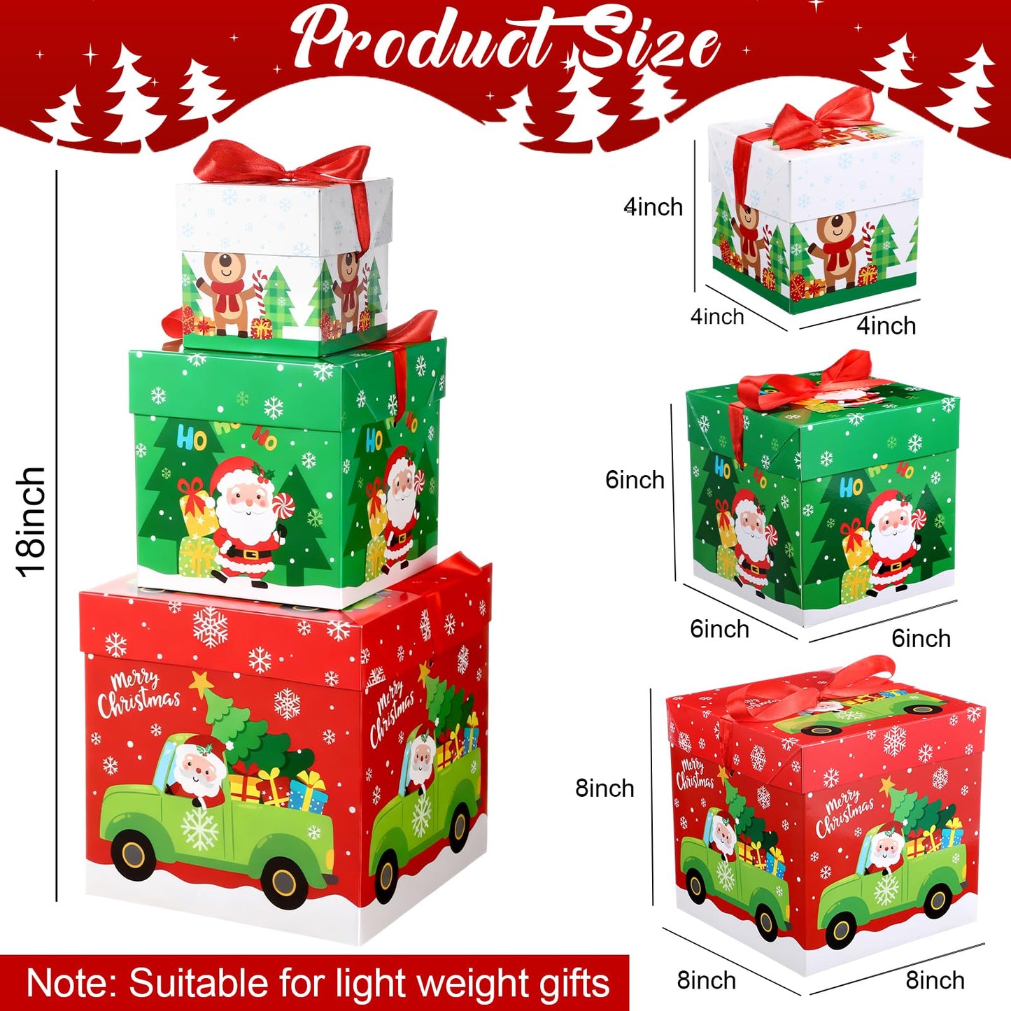 TecUnite 3 Pcs Christmas Stackable Nesting Gift Boxes Decorative Boxes with Lids for Present Wrapping Xmas New Year Holiday Party Xmas Tree Decor (Lively,Red, Green, White)