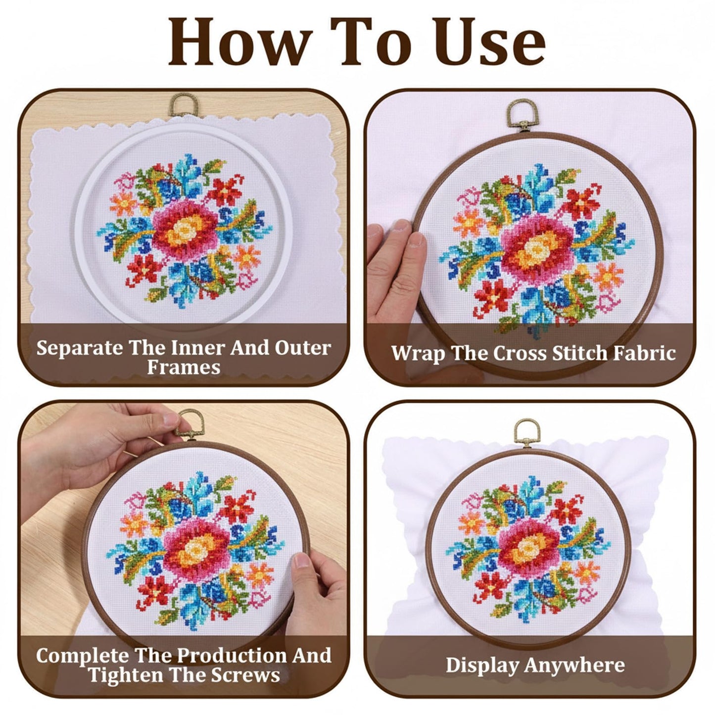 AOZUO 8 Pcs 8 Inch Embroidery Hoops, Round Imitated Wood Cross Stitch Hoop Rings Embroidery Frame Circle Display Frame Kits for Art Craft Sewing Embroidery Handy DIY Ornaments Decoration