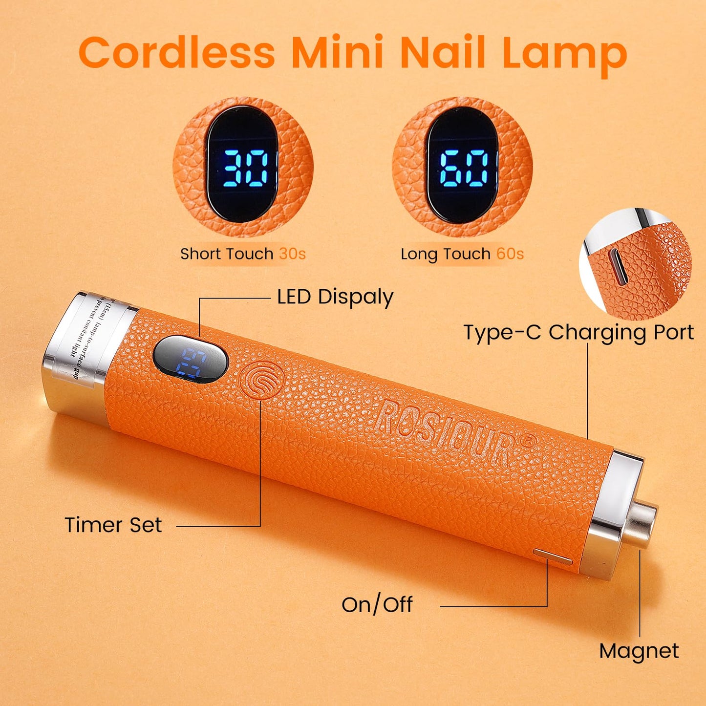 Rosiour Handheld Mini UV Light for Nails: Flash Cure UV Led Nail Lamp with Cat Eye Magnet- Hand Held Fast Dry Single UV Lamp Pen with Auto Sensor for Manicure Home Salon (Orange)