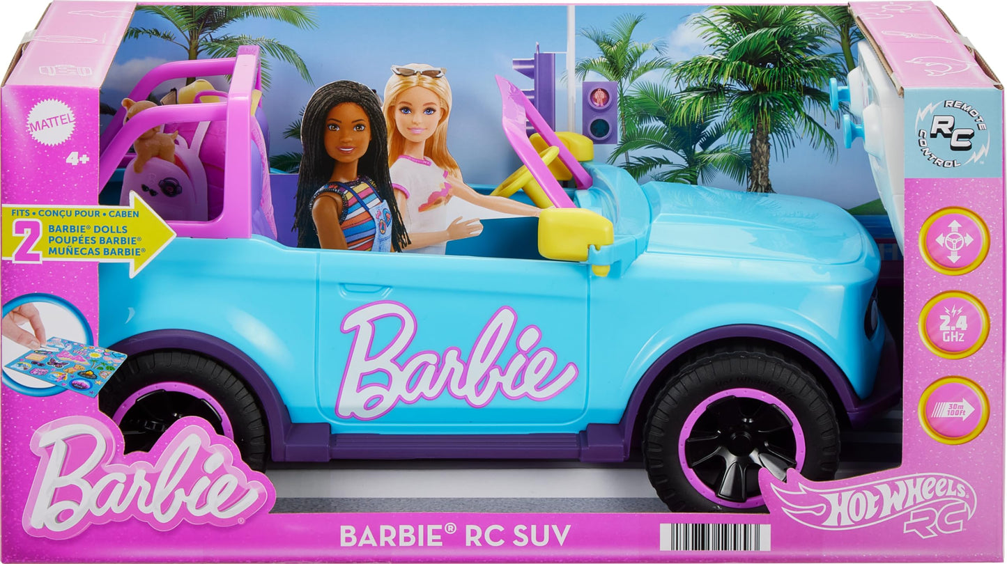 Hot Wheels Barbie RC SUV & Stickers, Can Hold & Store 2 Barbie Dolls & Accessories, Kid-Applied Stickers for Customization