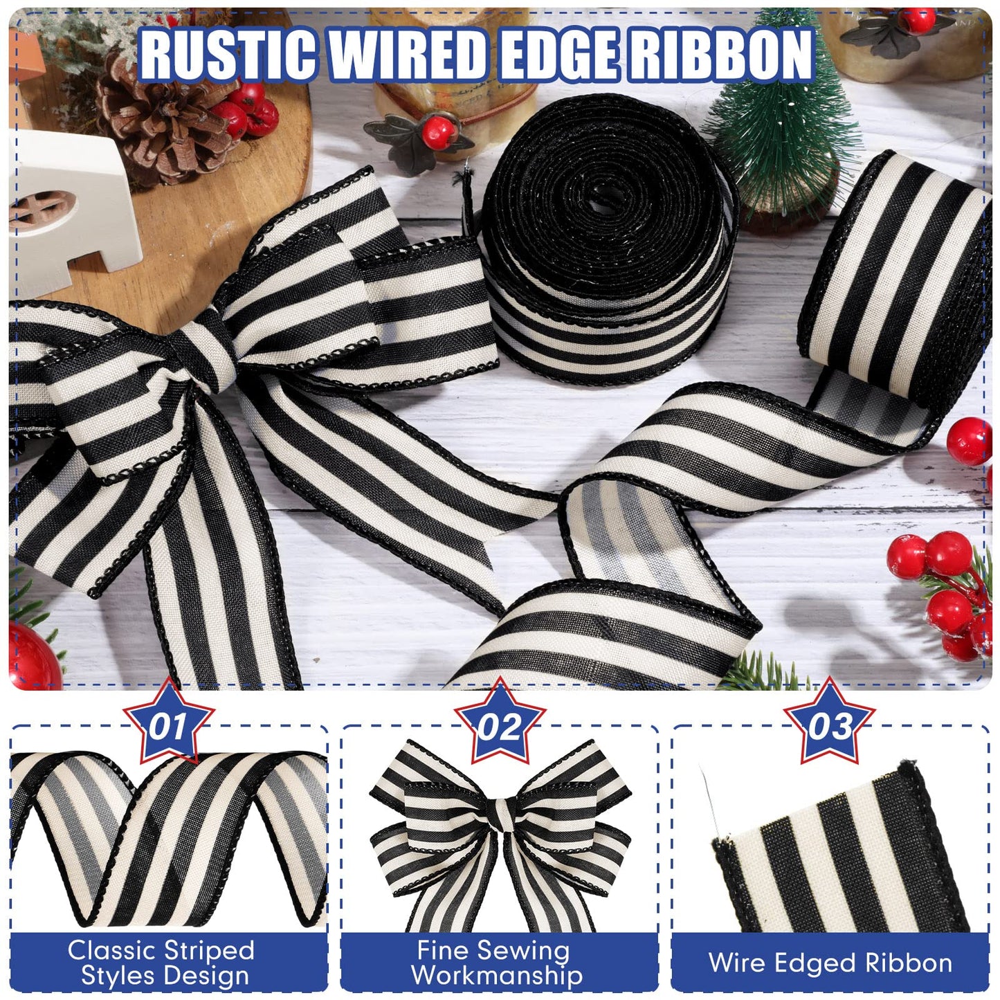 Moukeren 2 Rolls Black and Cream White Stripe Wired Edge Ribbon Halloween Rustic Ivory Boho Black and White Ribbon for Christmas Party Gift Wrapping Bow DIY Craft Home Decor(1.5 Inch, 20 Yard)