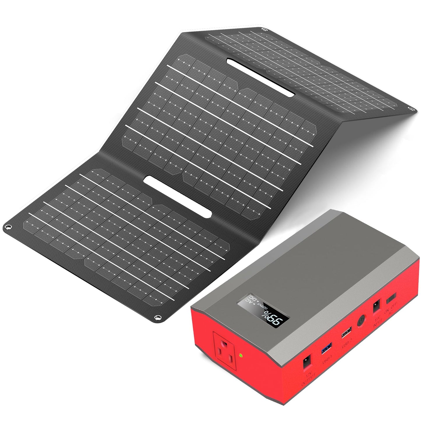 Portable Solar Power Bank with AC Outlet 65W 110V External Battery Pack, 24000mAh Portable Laptop Charger with Foldable Solar Panel 30W for Outdoor Smart Device Camping Hiking Trip Off Grid Backup