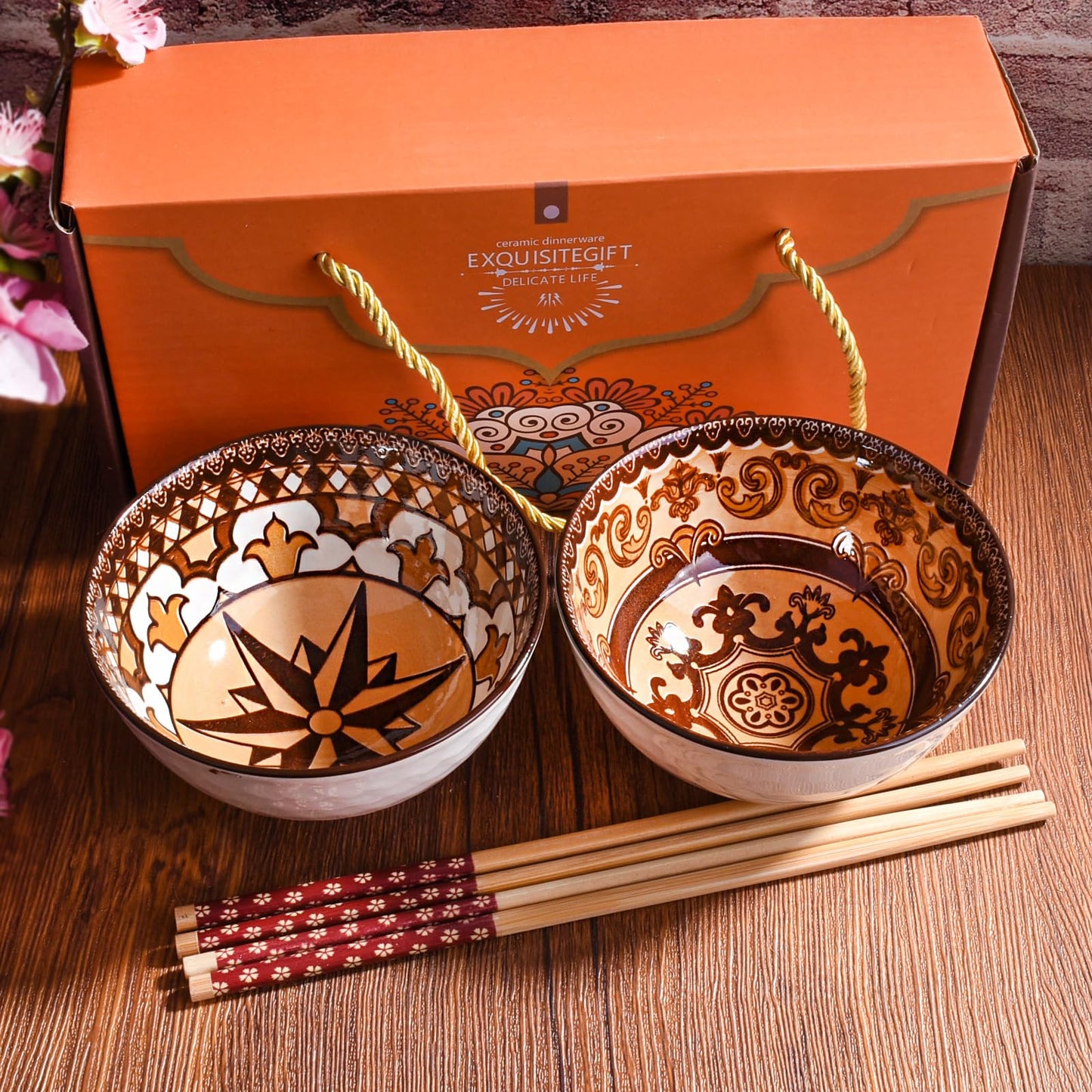 Ceramic Rice Bowl Set with Chopsticks Set of 2, Japanese Style Dining Bowls, Decorative Gift Box Package (2, LM)