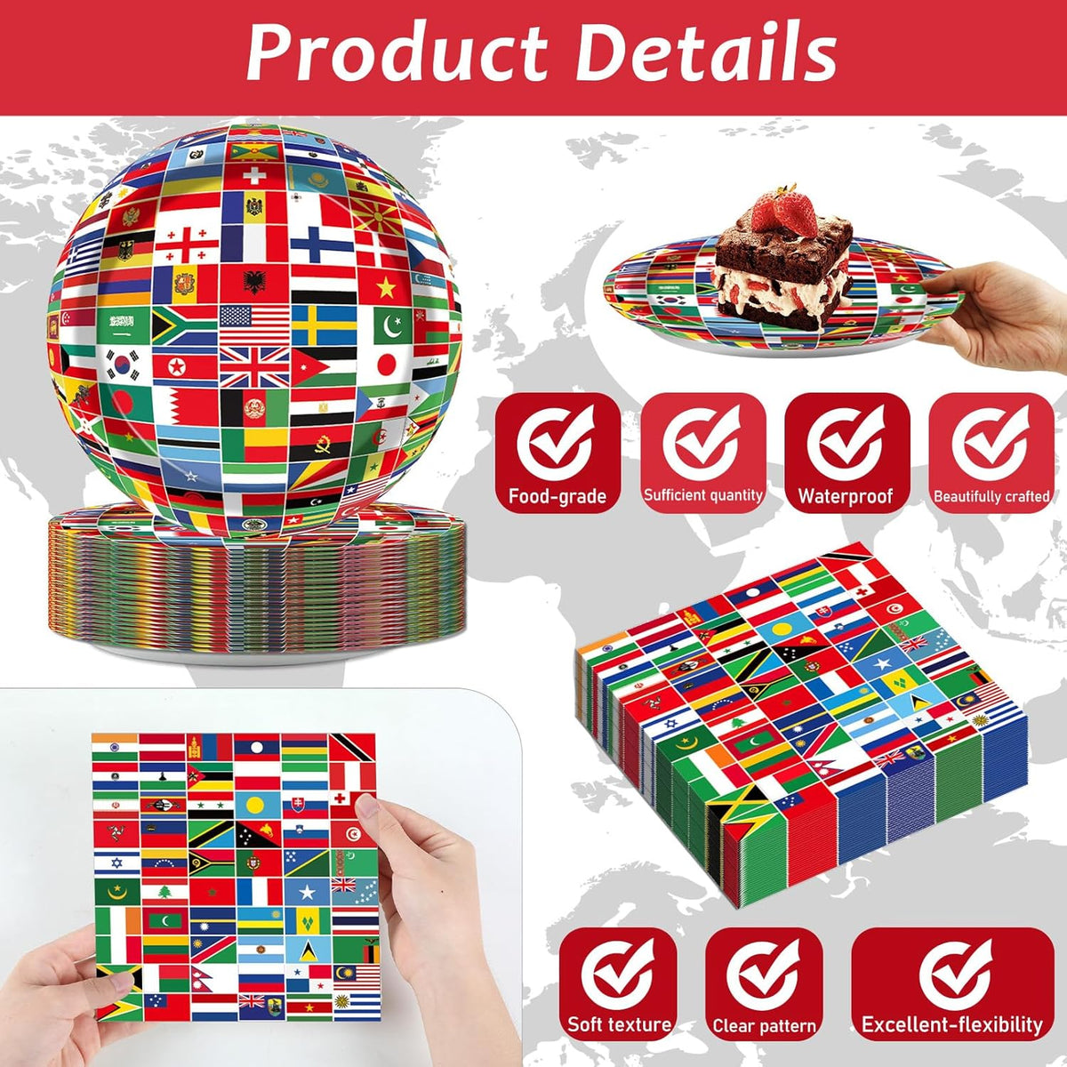 50 Guests International World Flags Party Supplies Decor Around The World Plates and Napkins Forks Travel Trip International Flags Tableware Country Paper Plates for Birthday Baby Shower Party 200PCS