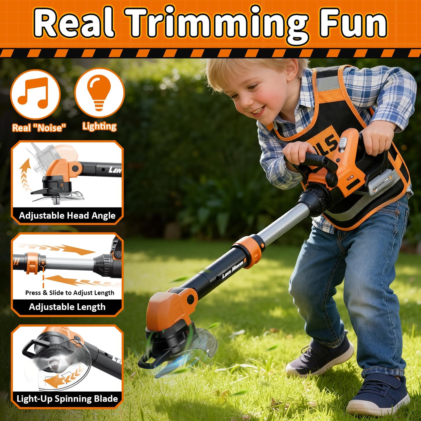 KidBloom Kids Gardening Tools Set with Vest, 2-in-1 Kids Lawn Mower & Kids Leaf Blower with Lights & Sounds, Toy Weed Wacker with Goggles & Mask, Outdoor Pretend Play Toys, Birthday Gifts for Boys 3+