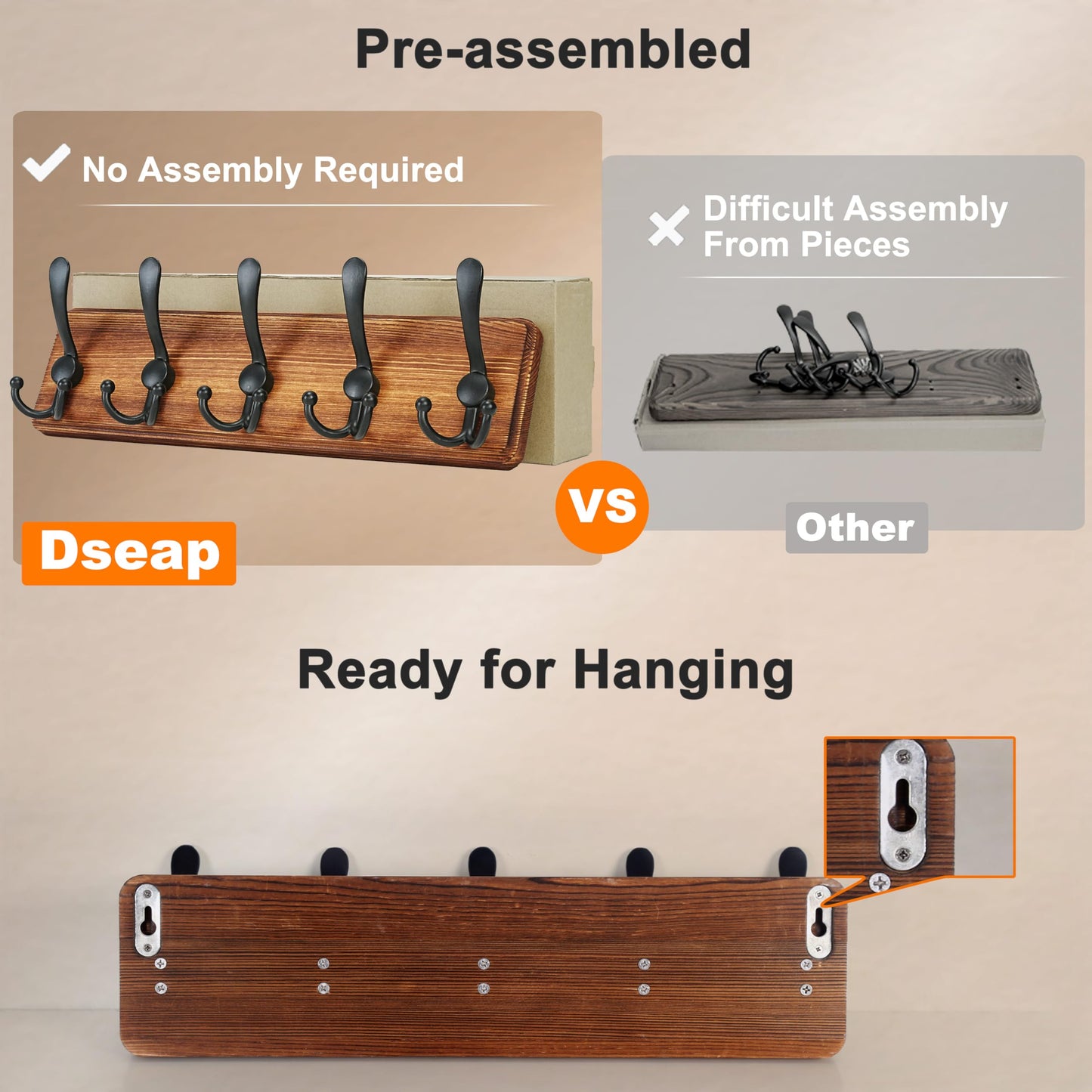 Dseap Coat Rack Wall Mounted - 5 Tri Hooks, Heavy Duty, Wooden Wall Coat Hanger Coat Hook for Clothes Hat Jacket Clothing, White & Black