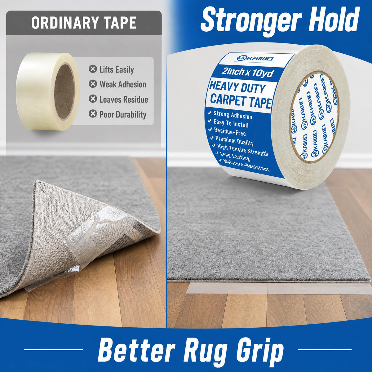 Heavy Duty Carpet Tape Double Sided 2 INx10YD Rug Tape for Area Rugs on Carpet (30 Foot)